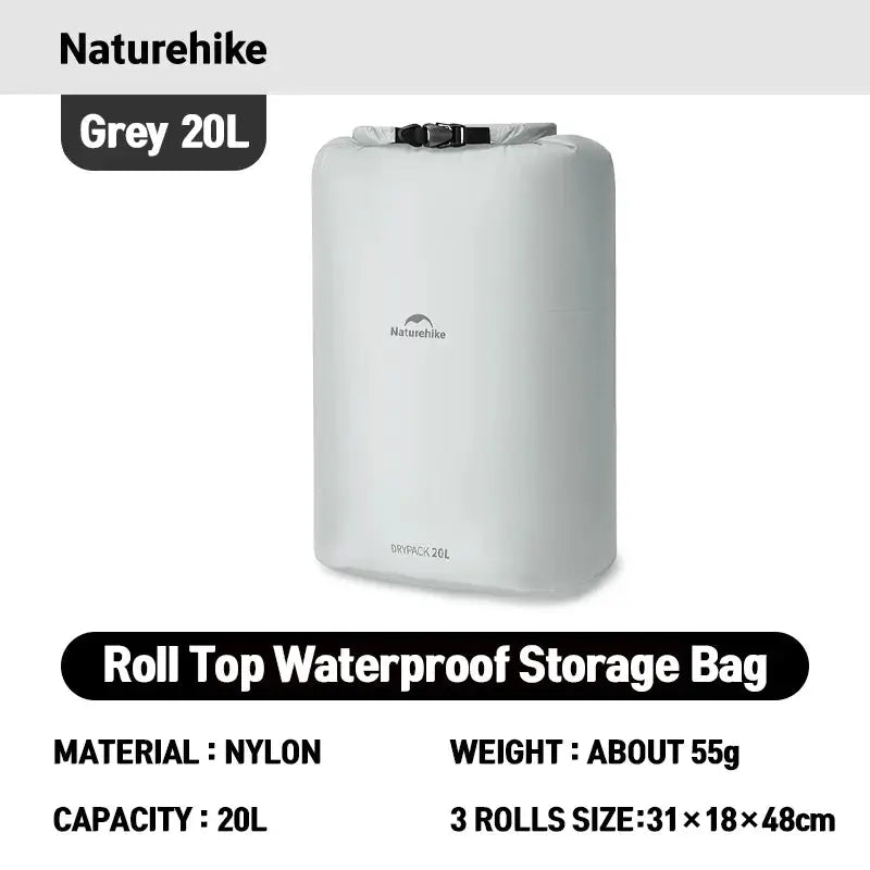 Naturehike roll-top waterproof storage bag, 20L, grey nylon