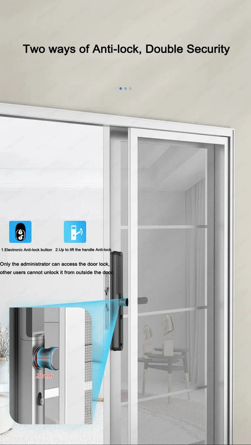 Simples Market Slim 2.8CM waterproof sliding door smart lock with fingerprint and IC card access on a silver-framed glass door