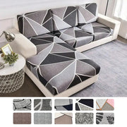 Elastic sofa cushion cover set in gray geometric pattern for L-shaped couch; Simples Market, removable anti-dust.