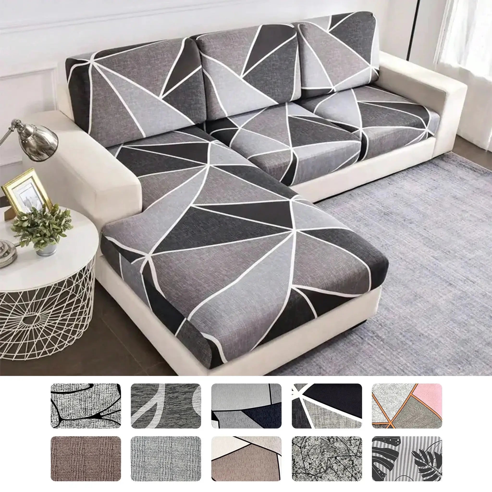 Elastic sofa cushion cover set in gray geometric pattern for L-shaped couch; Simples Market, removable anti-dust.