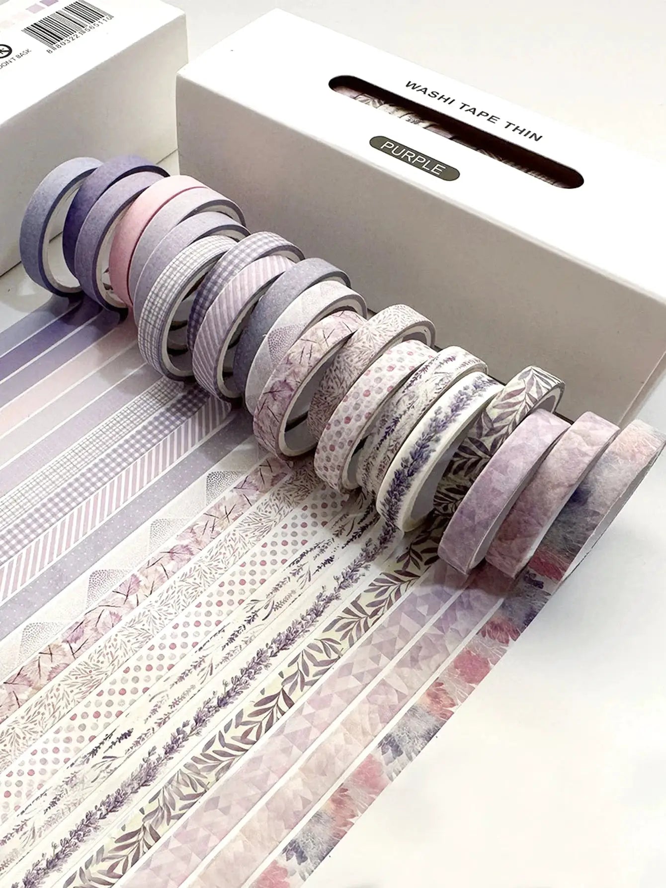Washi tape set: 20 thin rolls in purple with delicate flower and plant patterns for journaling
