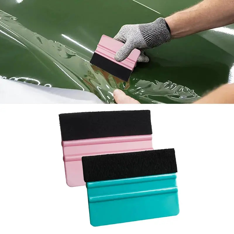 Felt edge squeegee with pink handle and black felt pad for car window tinting and vinyl wrap smoothing (3-pack)