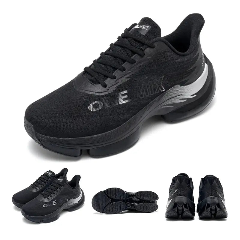 ONEMIX air cushion running shoes for women, black mesh upper, bold logo, breathable lightweight sneakers
