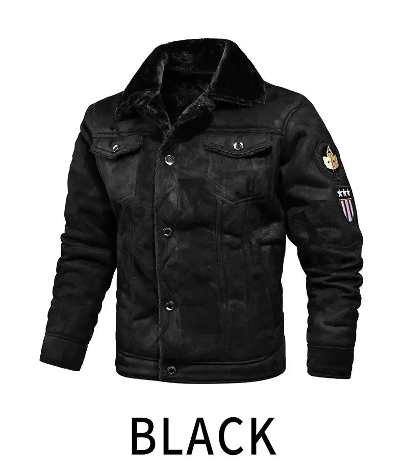Men's black leather and fur one-piece jacket with plush fur collar, button front, sleeve patches.