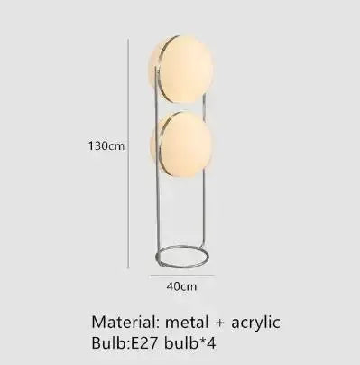 Modern white acrylic circular floor lamp Simples Market, with two round shades on metal frame, 130 cm tall, 4 E27 bulbs.