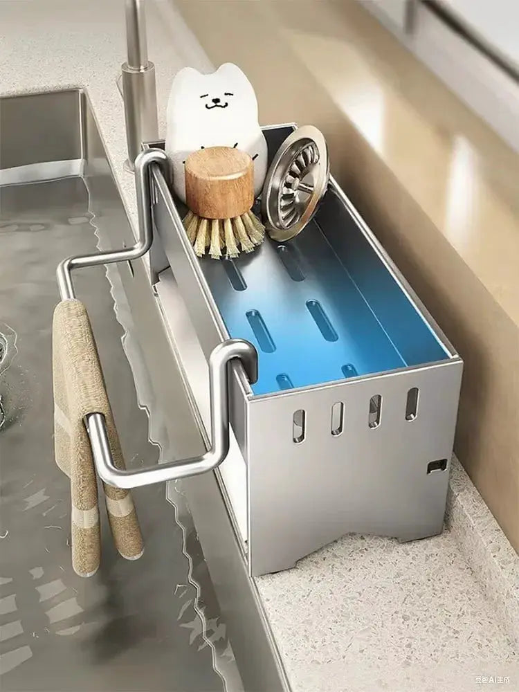 Simples Market stainless steel sink sponge rack with side handles, holds sponge, brush and scouring pads