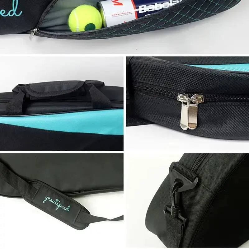 GREATSPEED one-shoulder tennis/badminton racket bag, black with teal trim.