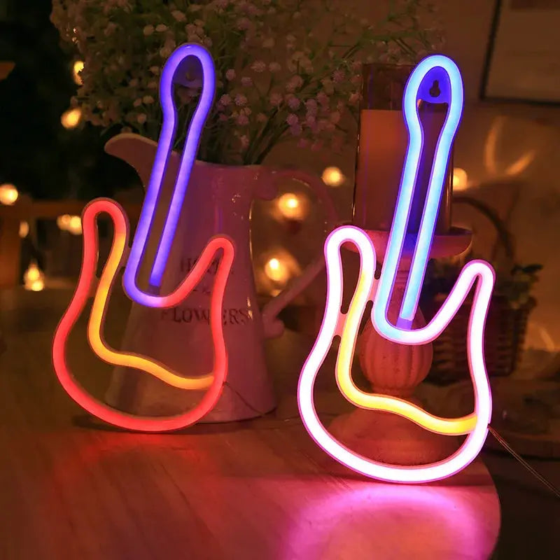 Set of 2 decorative neon hand signs in pink/orange and blue; USB or battery powered (battery not included)