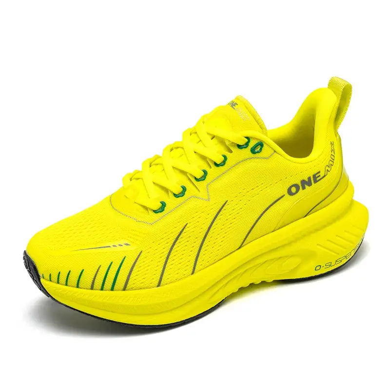ONEMIX yellow men's running shoe with lace-up, mesh upper, cushioned midsole, non-slip outsole
