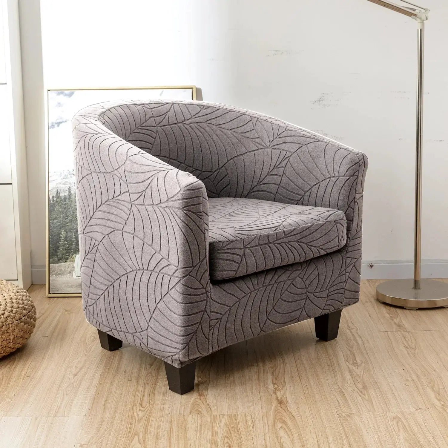 Leaves jacquard tub chair slipcover by Simples Market in gray stretch fabric