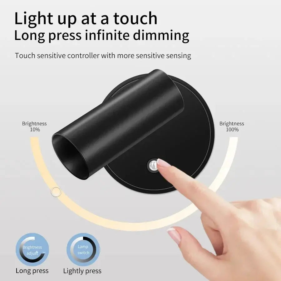 Rechargeable LED wall lamp by Simples Market; black wireless magnetic spotlight with touch switch