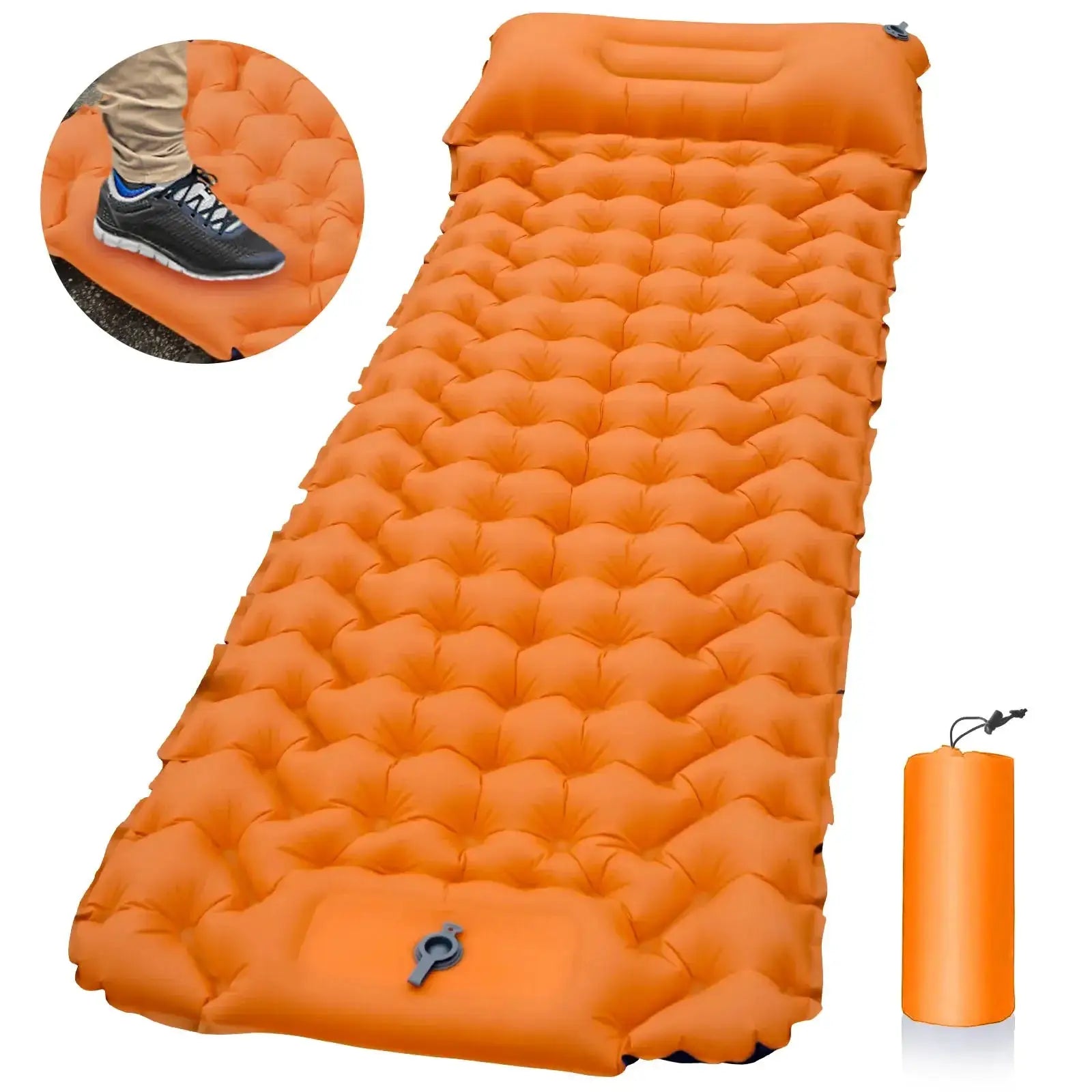Sleeping pad by Simples Market, orange inflatable camping mattress with built-in pillows, ultralight air cushion