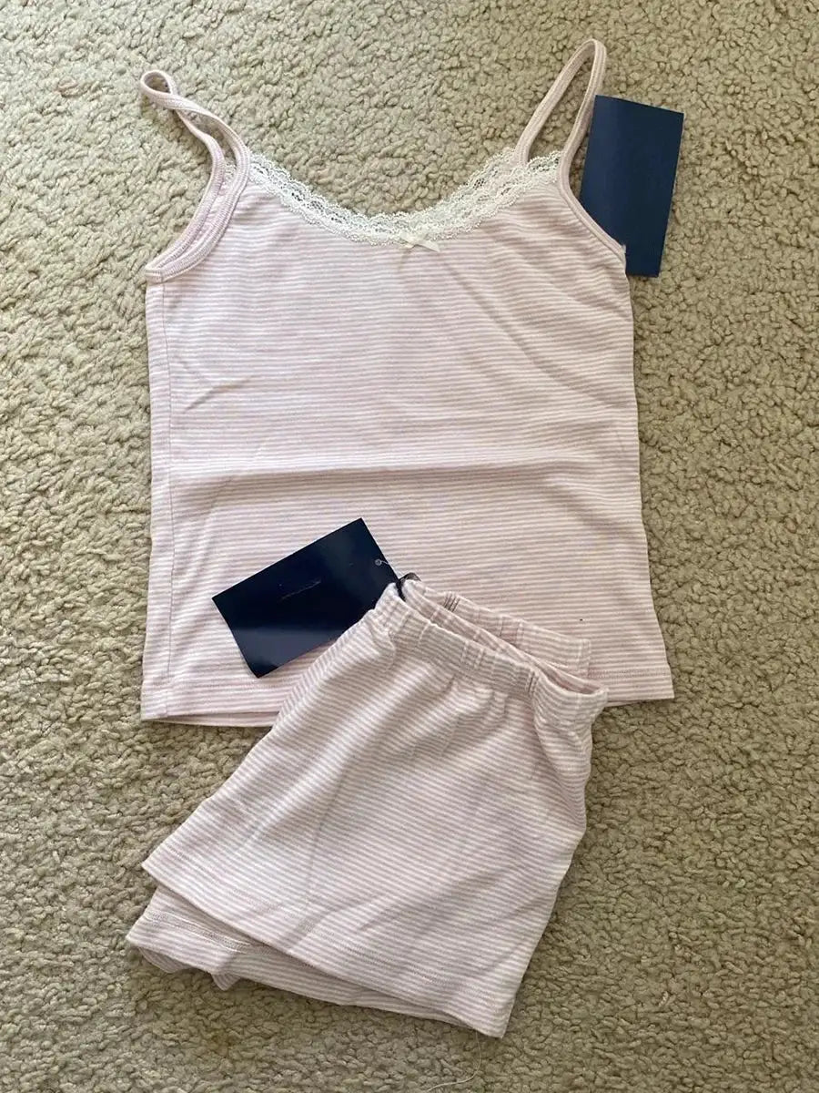 Strawberry Print Vest And Shorts Set For Women Eyelet Bow Tank Top