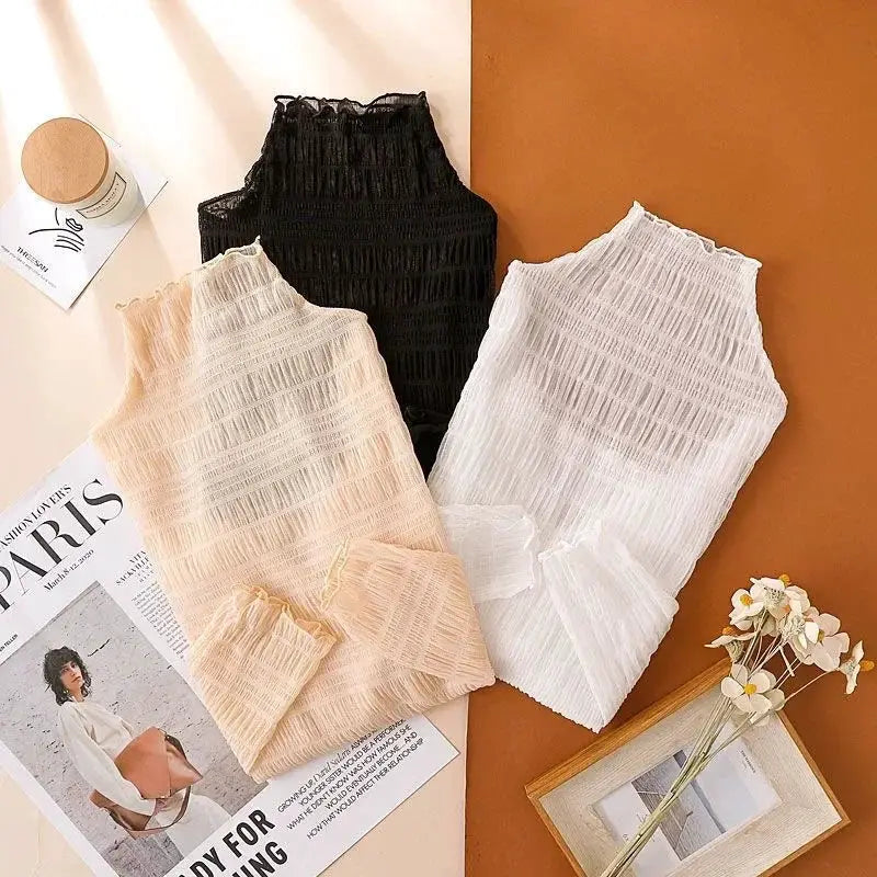 Sexy women mesh long-sleeve tops in black, beige, and white; three see-through lace blouses.