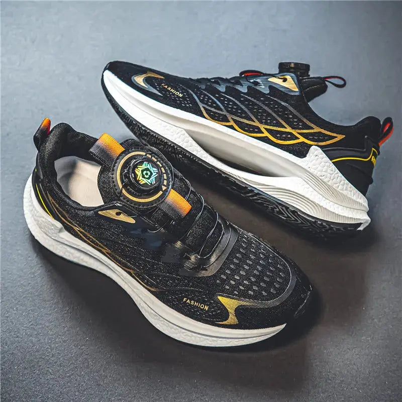 Men's breathable mesh casual sports shoes with rotating buckle, black with gold accents; pair.