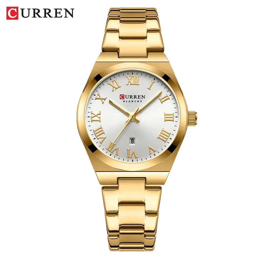 Curren women's gold watch with stainless steel bracelet, white dial, Roman numerals and date window