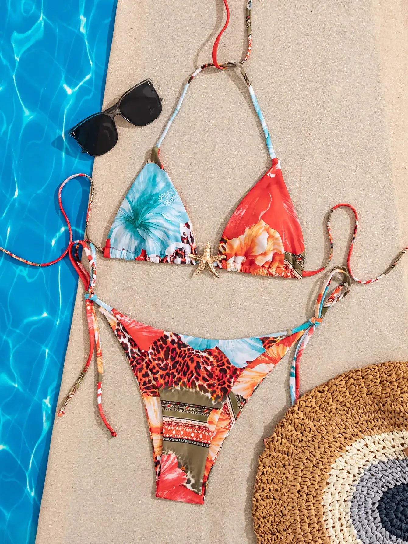 Simples Market women's bikini set; tropical print triangle top with adjustable tie sides, two-piece swimwear
