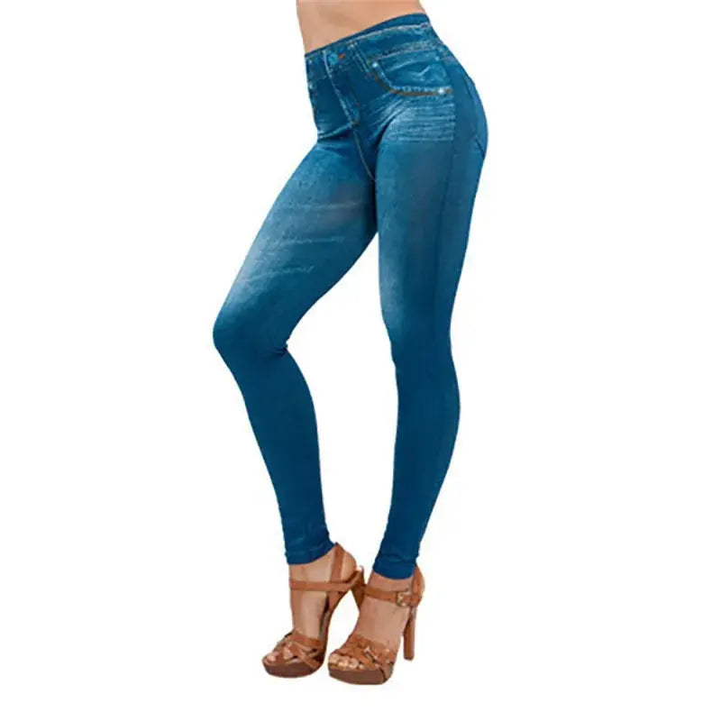 Simples Market denim-printed high-waist women's leggings, blue stretch skinny fit