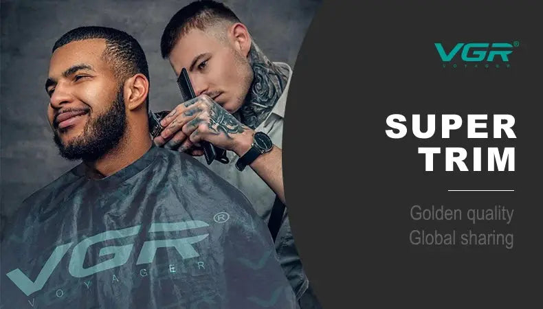 VGR 644 gradient hair cutting clipper by Simples Market, barber scene with two men and VGR logo