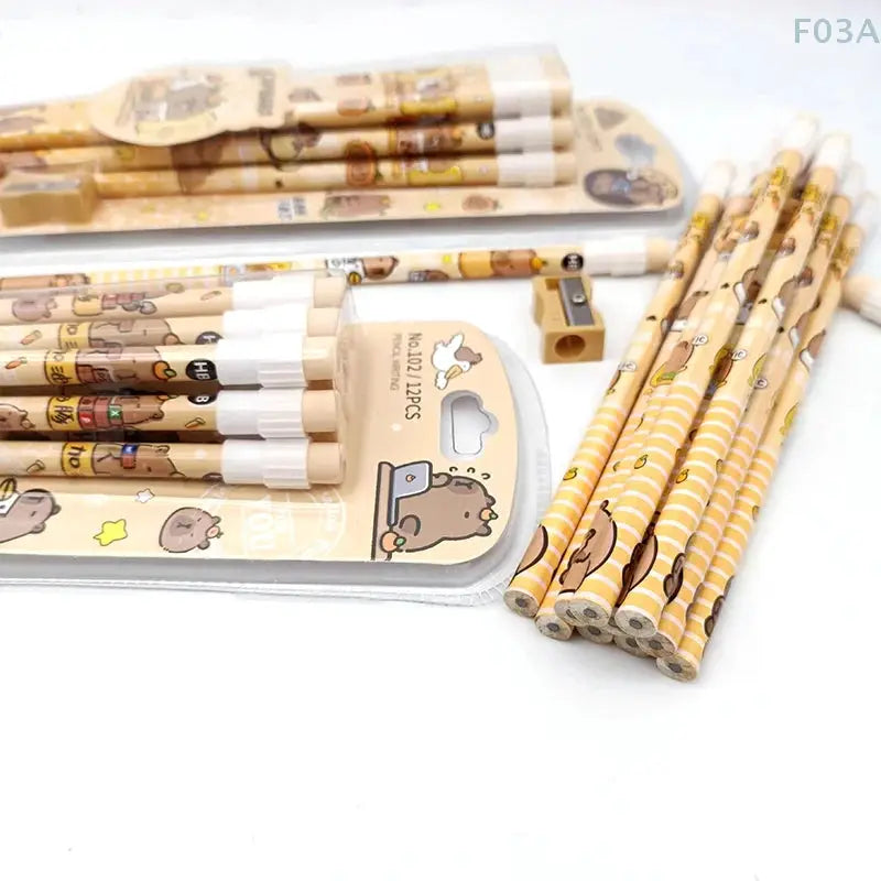 Capybara HB pencils set, 12pc by Simples Market with sharpener, cute cartoon designs