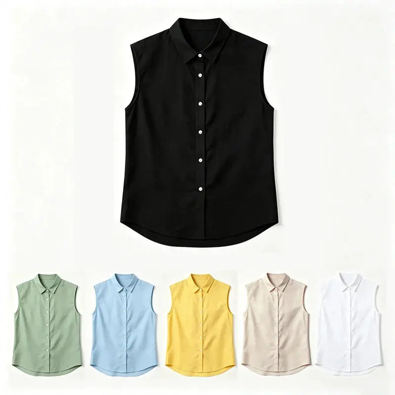 Simples Market men's sleeveless cotton-linen shirt, black with turn-down collar; 6 color options shown.