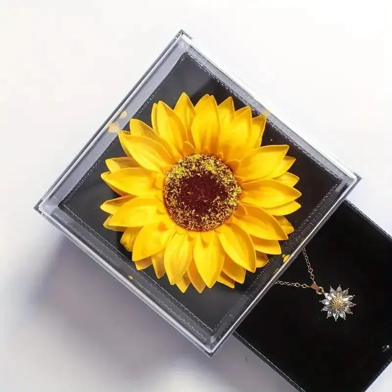 Sunflower necklace gift box by Simples Market, yellow flower pendant in clear display case