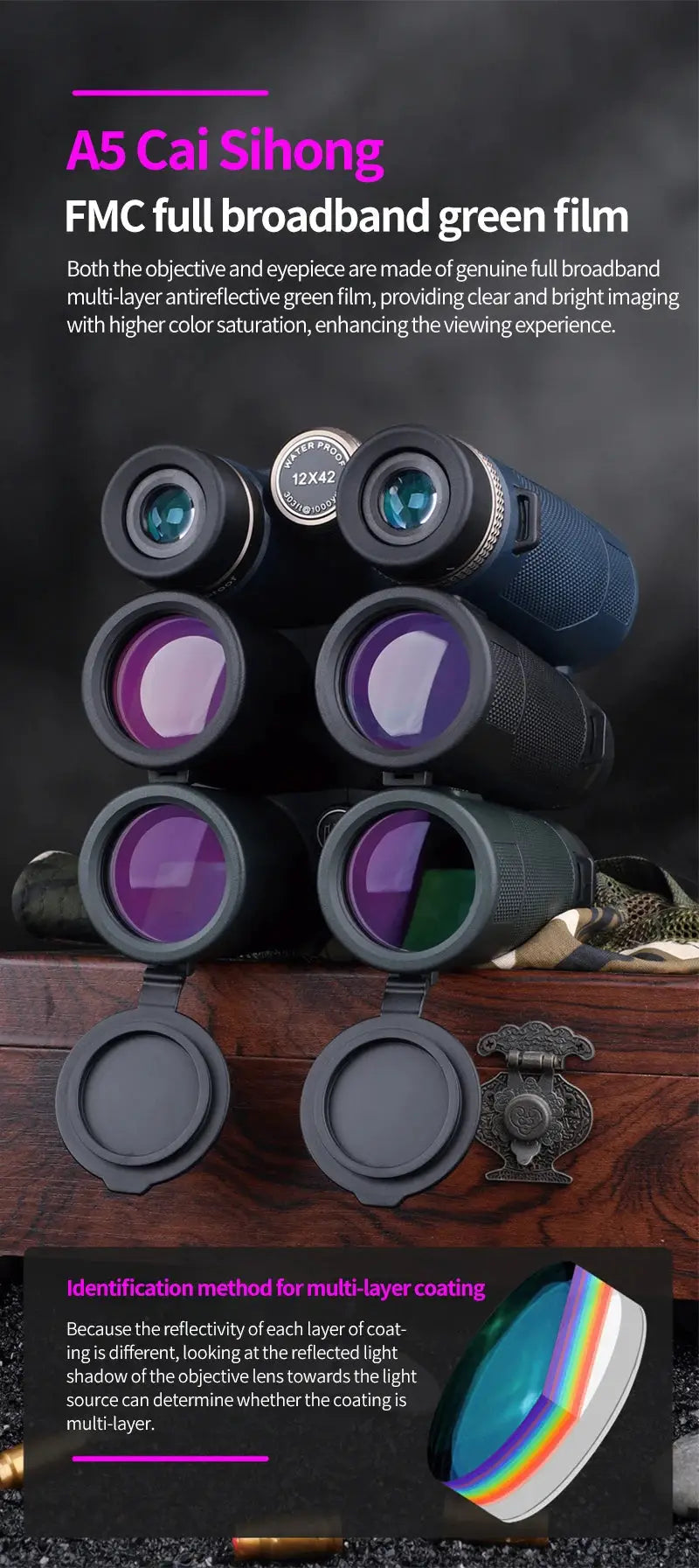 Six stacked binoculars with blue, black, and green metal bodies and purple-coated lenses; lens caps nearby
