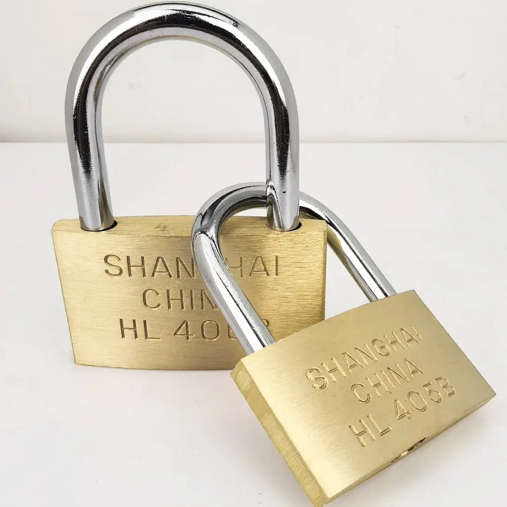 Two brass padlocks with silver shackles for luggage, cases, and lockers.