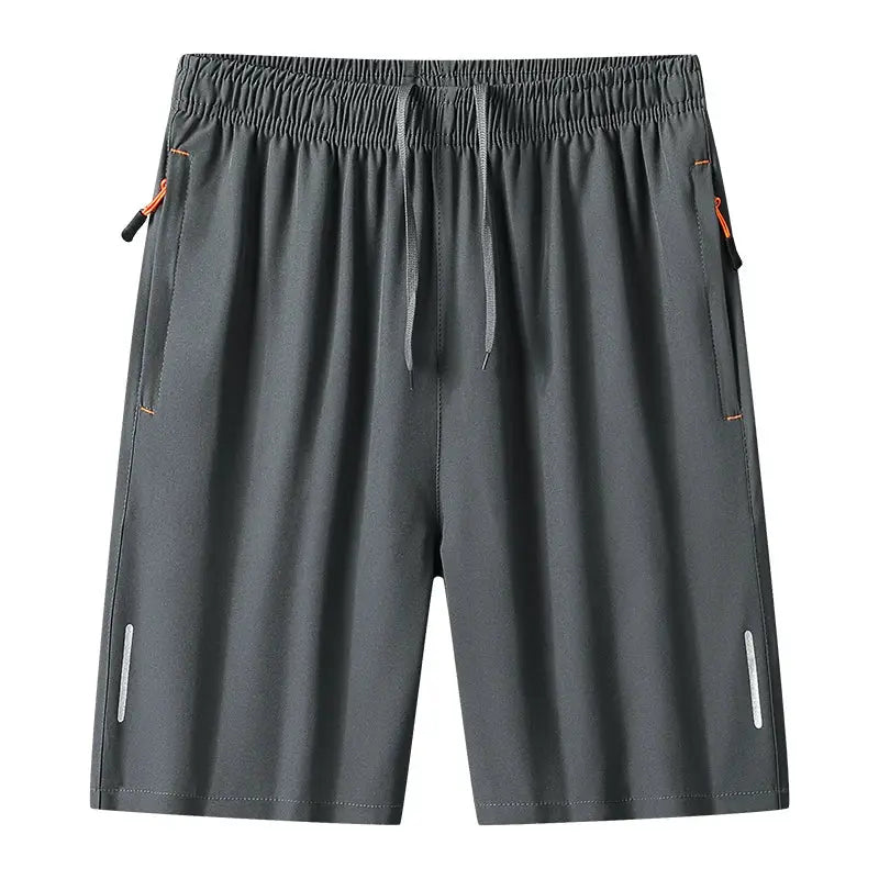 Simples Market men's quick-dry running shorts, gray with drawstring, zip pockets, and reflective leg accents