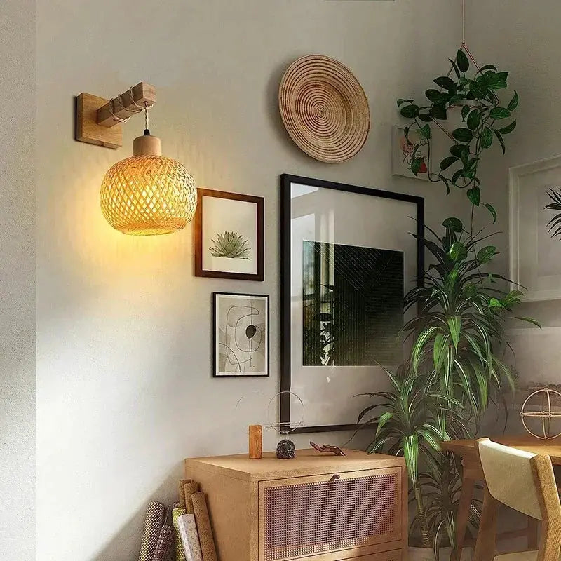Bamboo lantern wall lamp, hand-woven natural rattan wicker, Simples Market E27 chandelier for wall decor