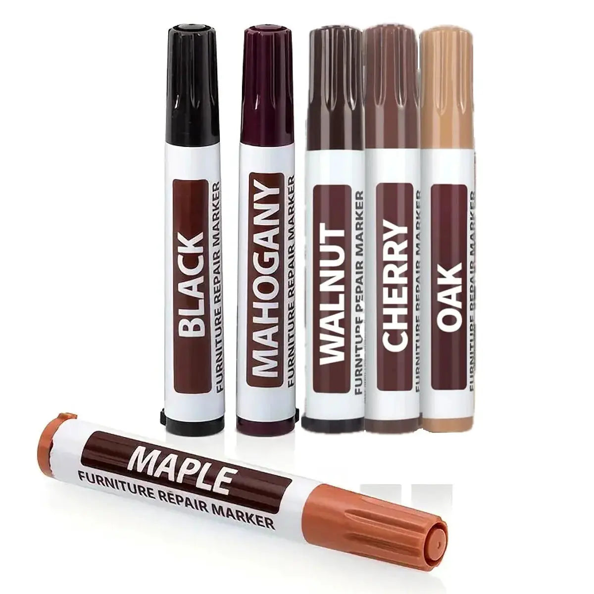 Set of 6 wood-tone furniture repair markers in black, mahogany, walnut, cherry, oak, maple