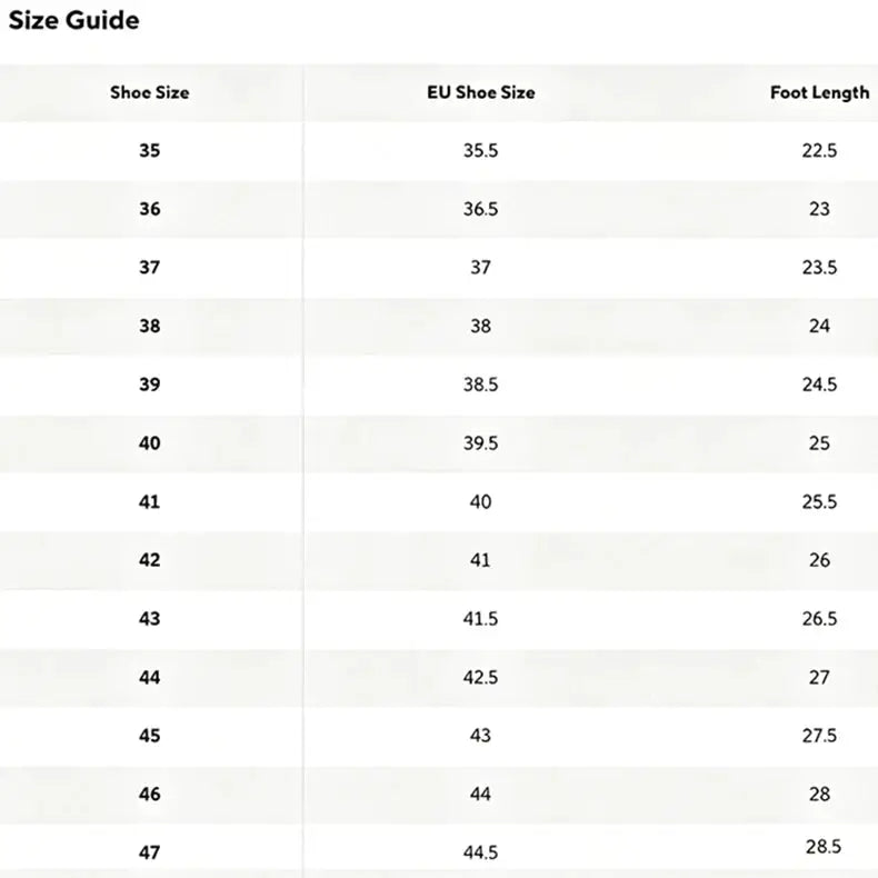 Size guide chart for Simples Market men's knit running shoes; EU size 35.5–44.5, foot length 22.5–28.5 cm.