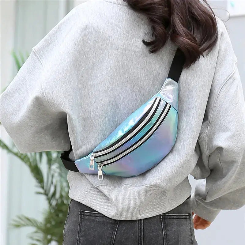 Holographic fanny pack iridescent blue-silver waist bag with dual zippers