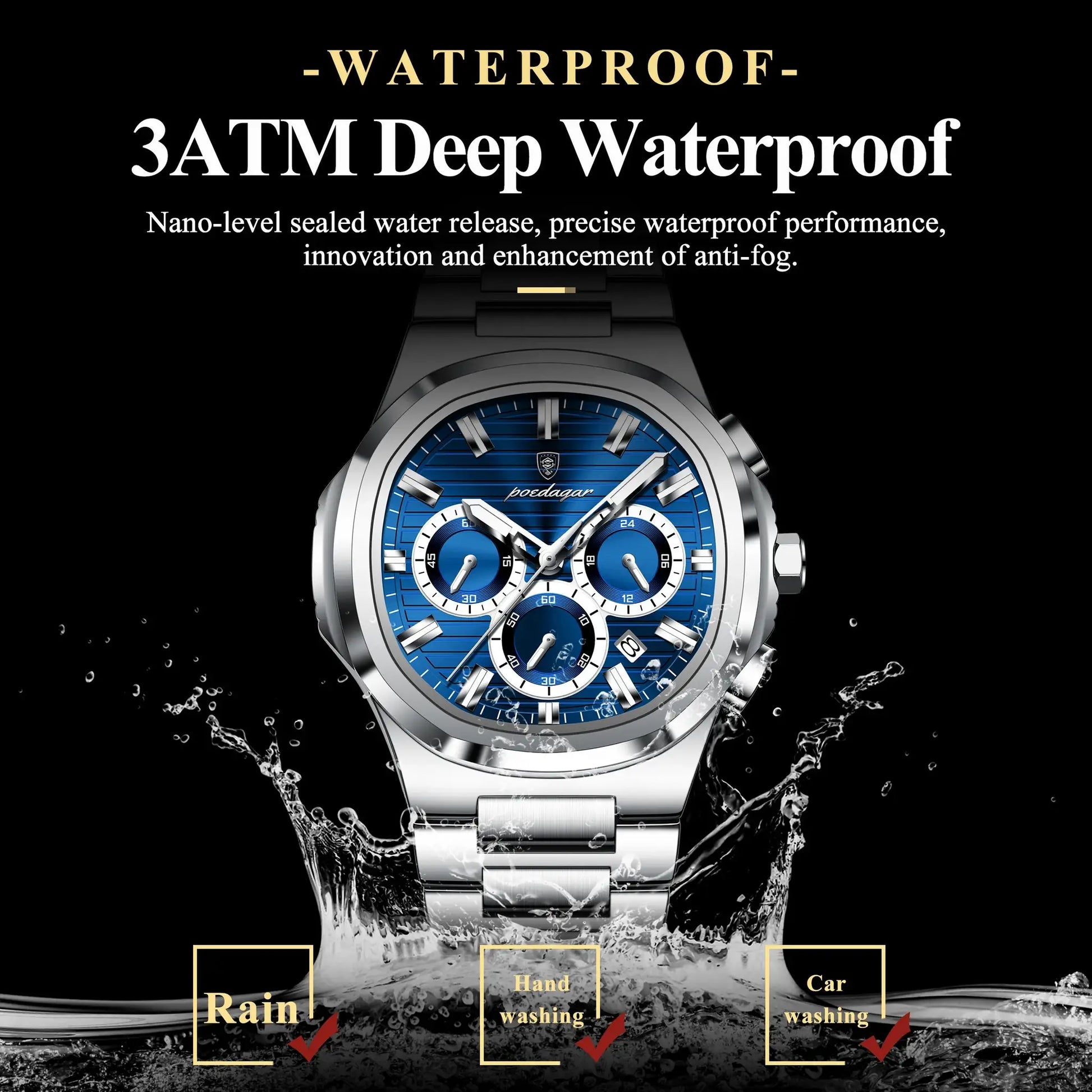 POEDAGAR men's stainless steel wristwatch with blue dial, date chronograph, luminous, 3ATM waterproof