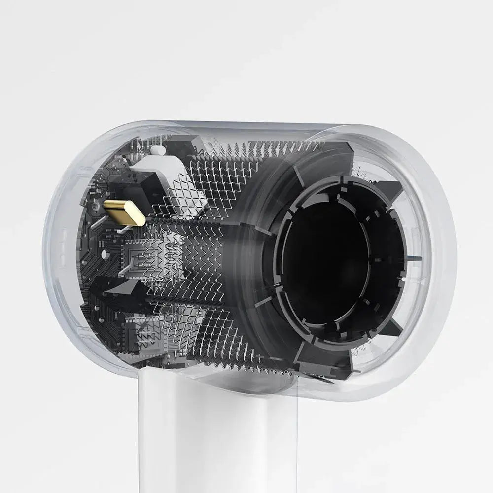 MIJIA H501 SE hair dryer with transparent plastic housing showing internal motor and components