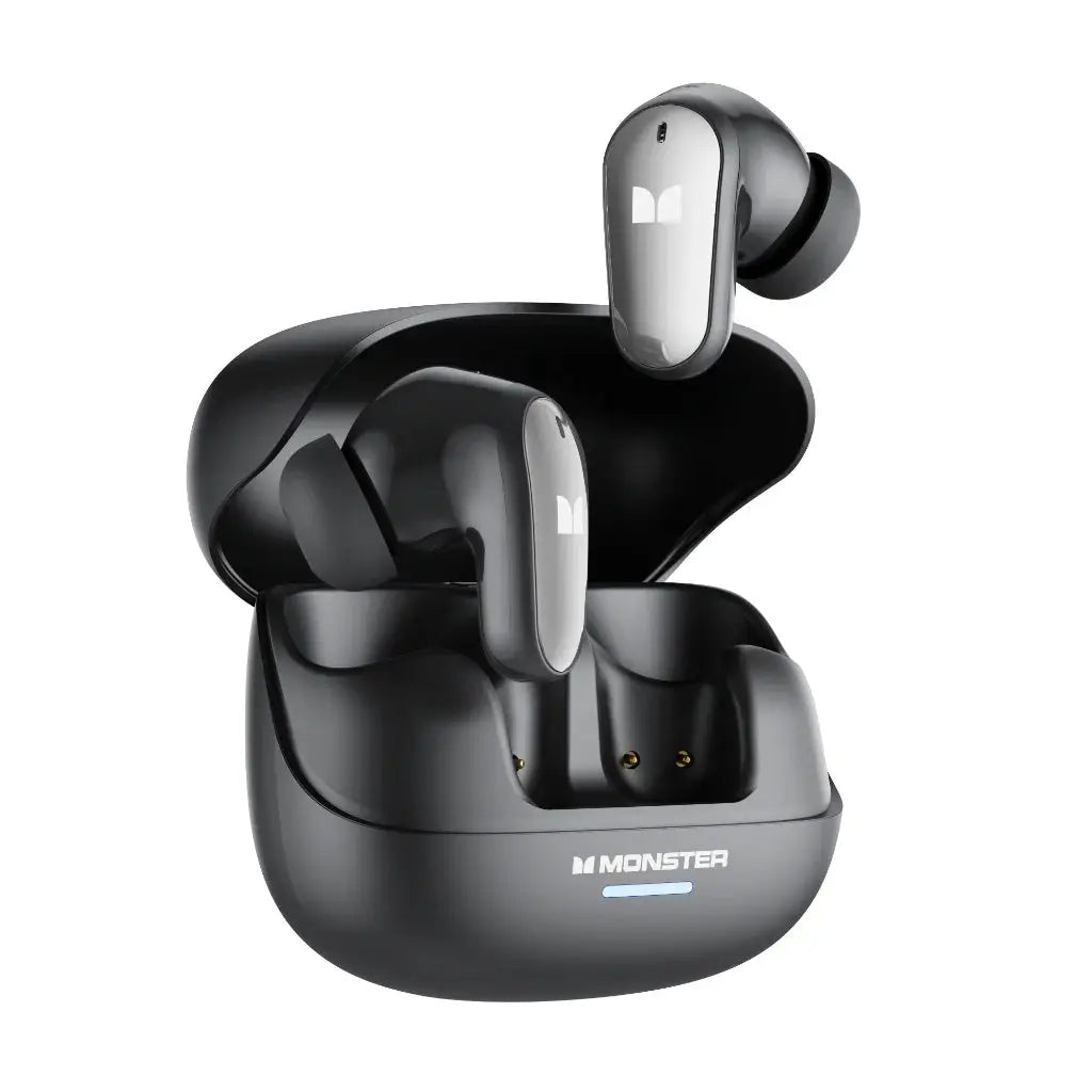 Monster MQT52 TWS wireless gaming earbuds in gray charging case with MONSTER logo