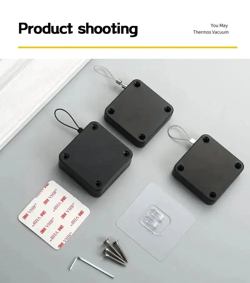 Automatic drawstring door closer kit; three black square housings with mounting hardware and 3M VHB tape