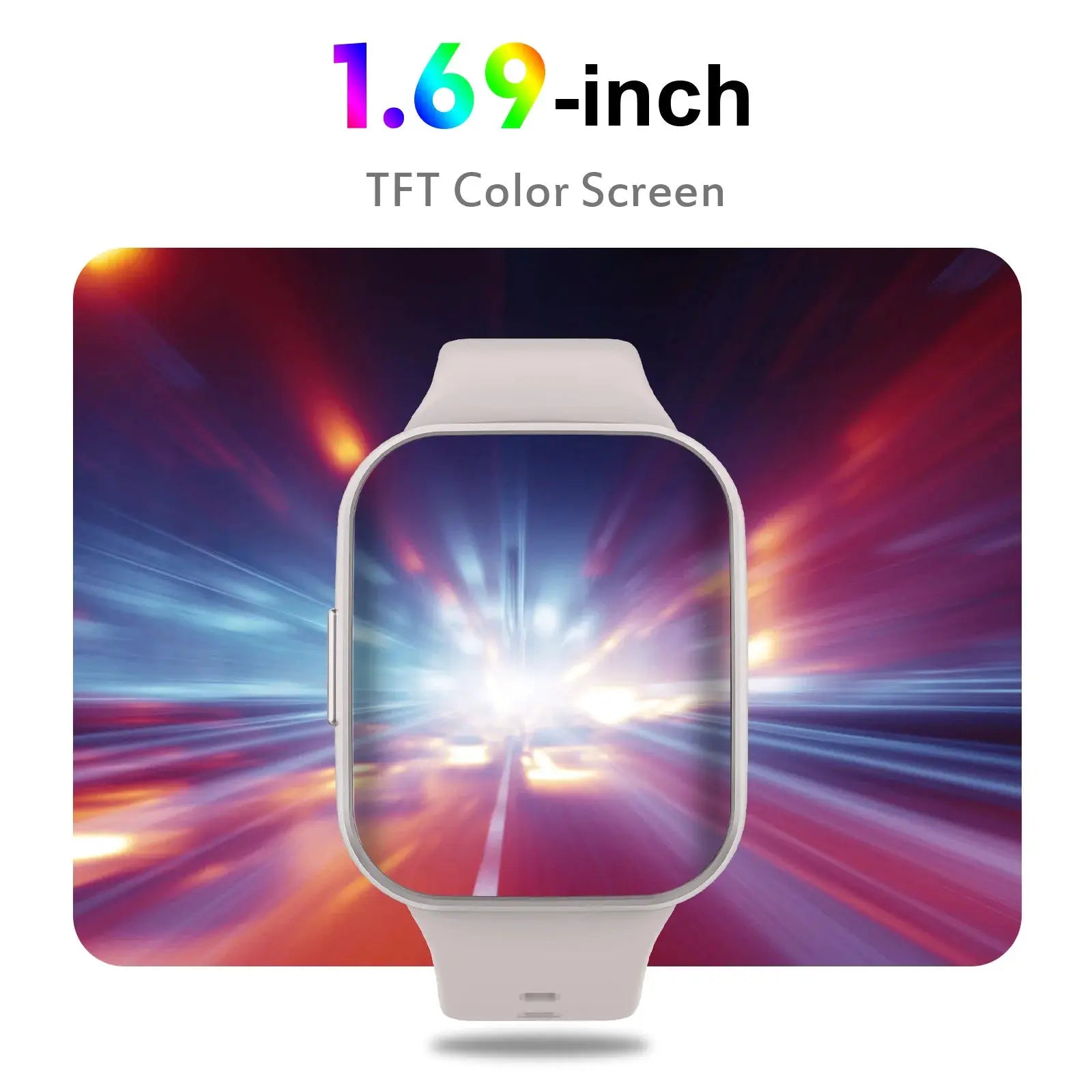 White smartwatch with 1.69-inch TFT color screen and white band, fitness tracker