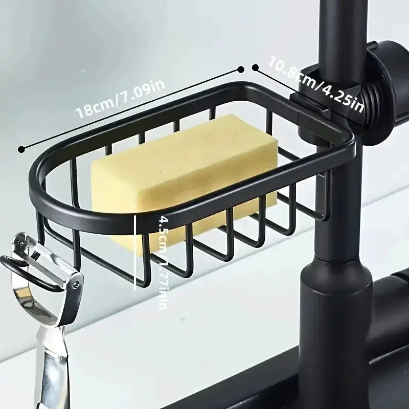 Shower rack basket, black aluminum, punch-free mount with soap bar