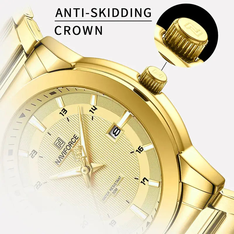 Naviforce gold-tone men's watch with stainless steel strap, quartz movement, date window, 30m water resistant