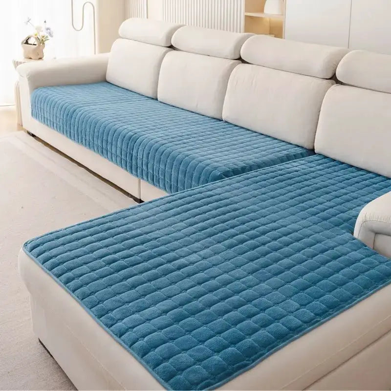 Sofa cushion cover, blue velvet quilted, non-slip, universal fit for living room sofa.