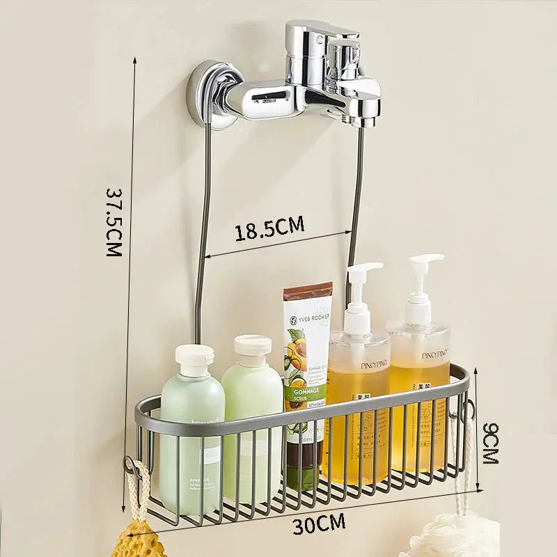 Shower caddy hanging organizer in chrome metal with basket for bottles; wall-mounted no-drill design.