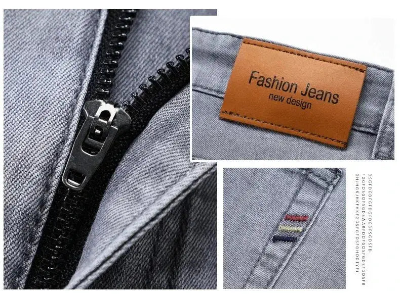 Men's gray stretch denim jeans with zip fly, leather patch label and multicolor stitching