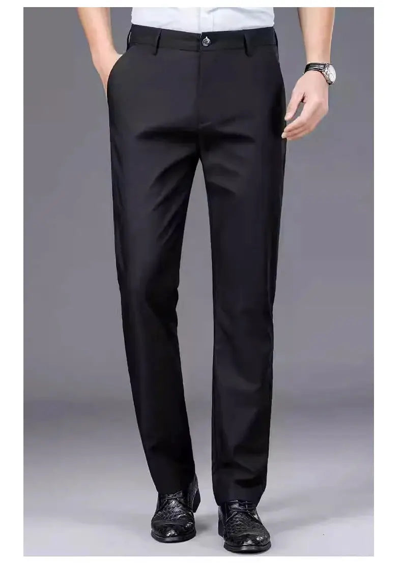 Men's stretch solid black smart-casual dress pants, office-ready straight fit.