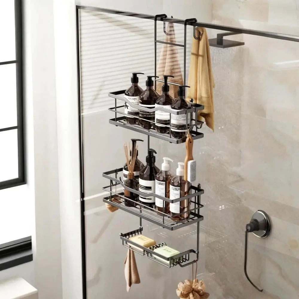3-tier hanging shower caddy in black and silver with 2 soap dishes for large-capacity bathroom storage
