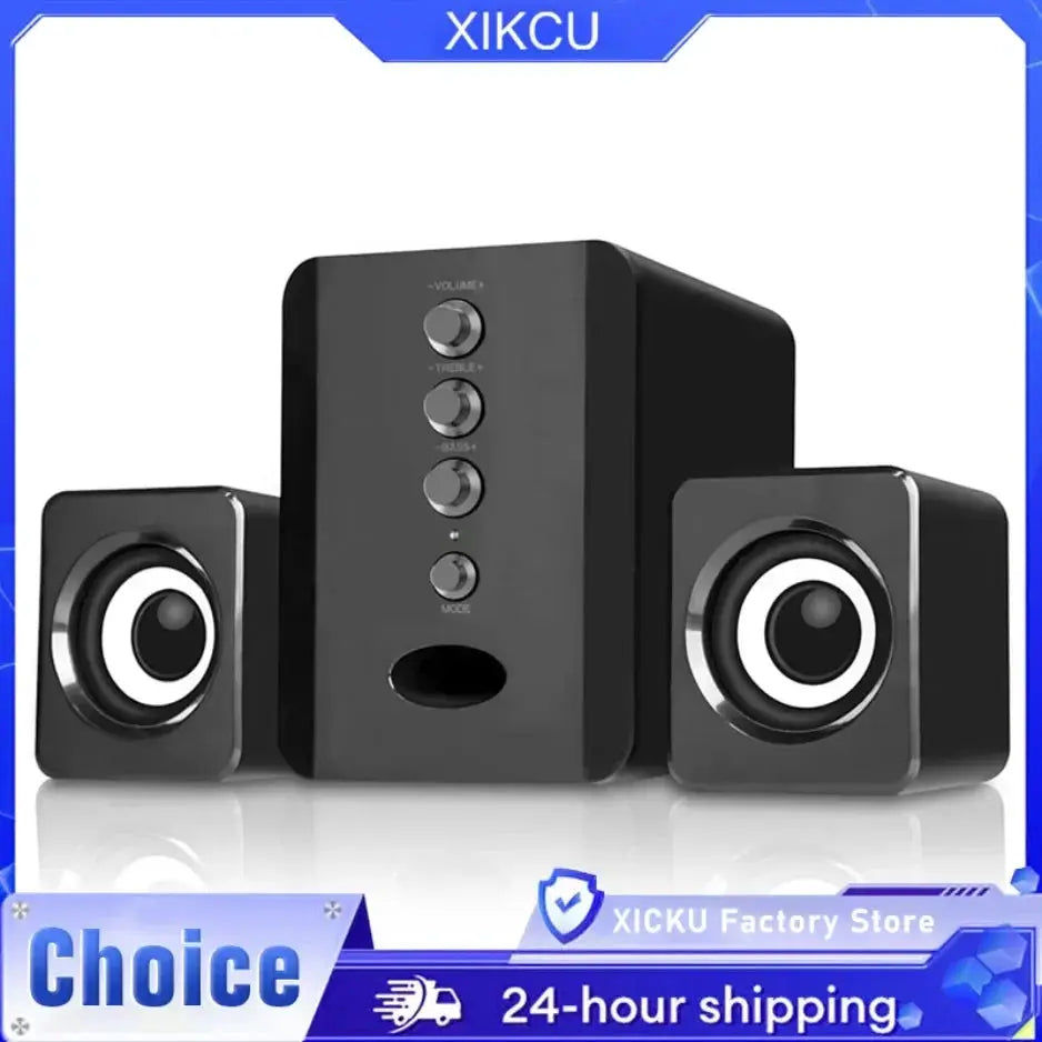 XIKCU 2.1 PC speaker system with central subwoofer and two black satellite speakers