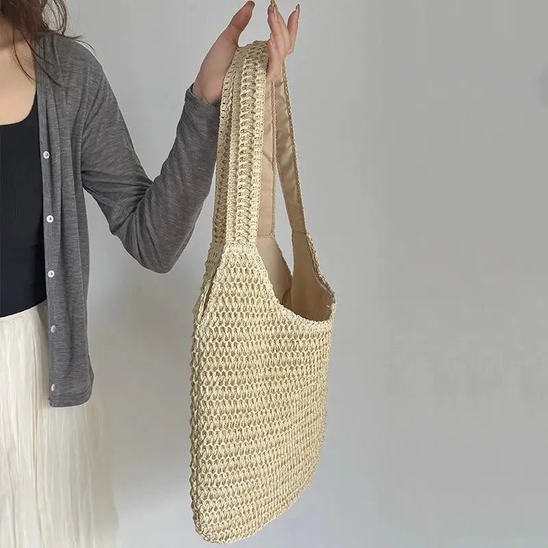 Simples Market rattan shoulder bag for women, woven straw tote with long handles, beige, large capacity