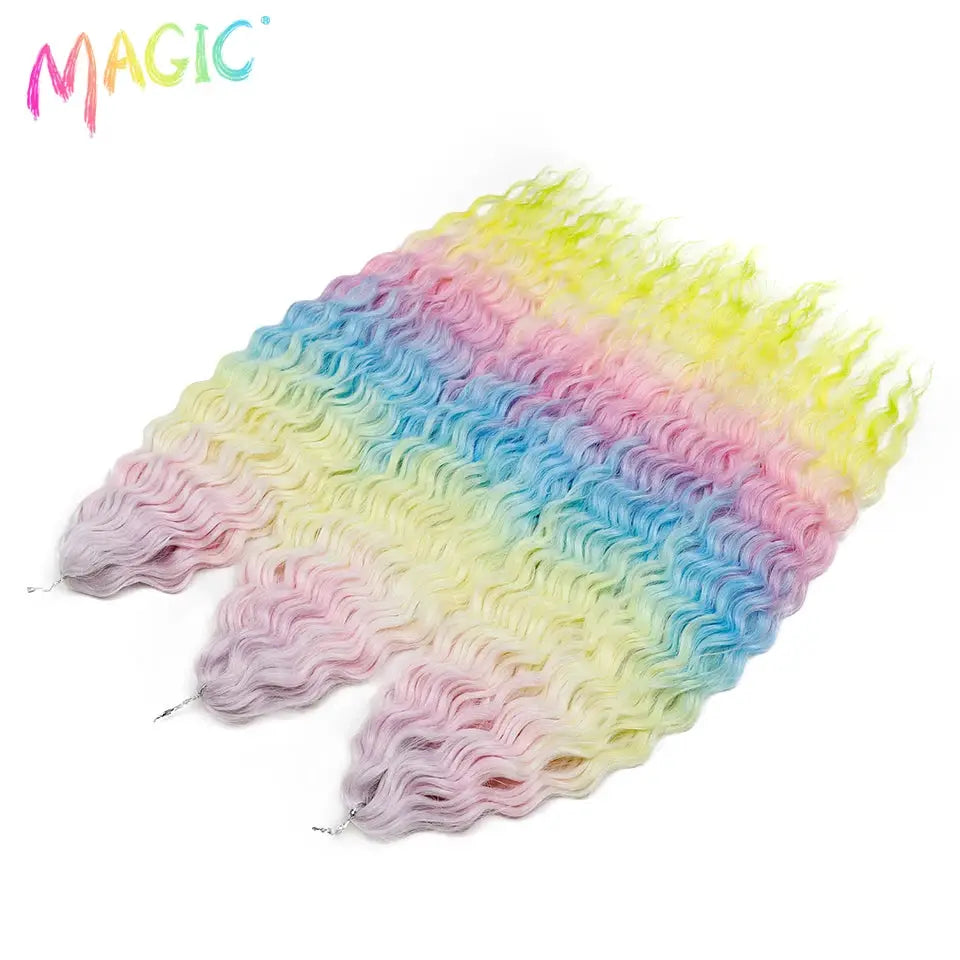 Magic Ariel Curl water-wave crochet hair extensions; pastel ombre rainbow 3-pack, 22in deep wave braid