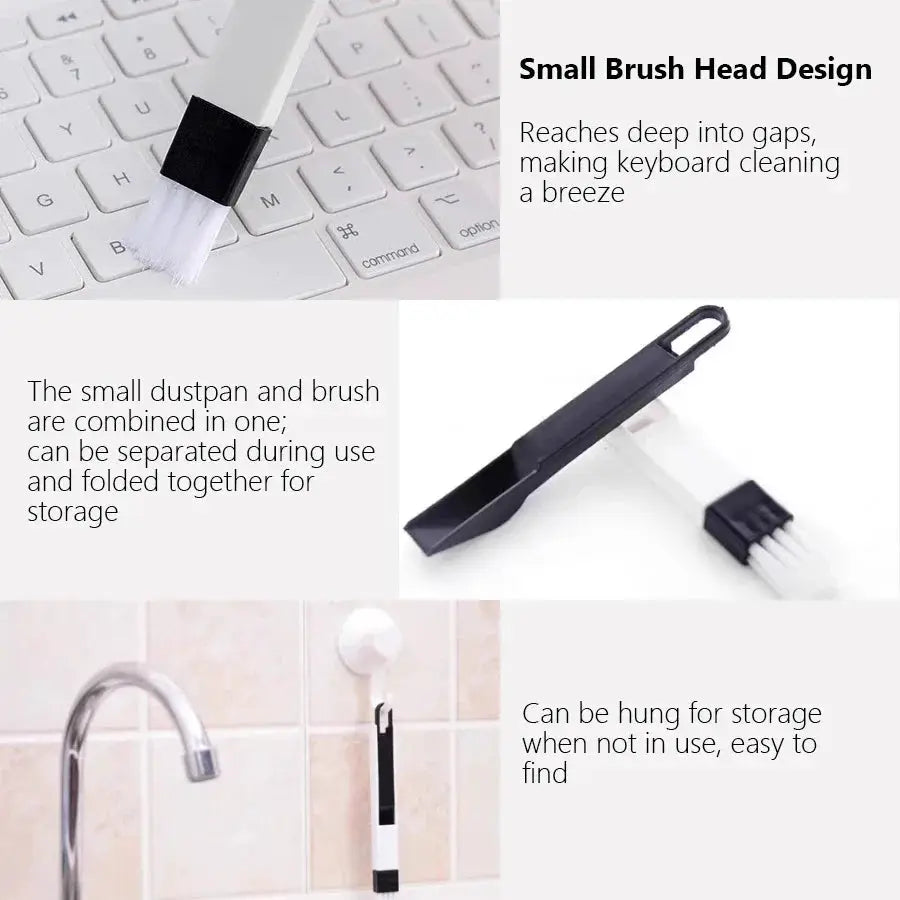 Two-piece cleaning brush set with black handle and white bristle head for keyboard grooves and window rails