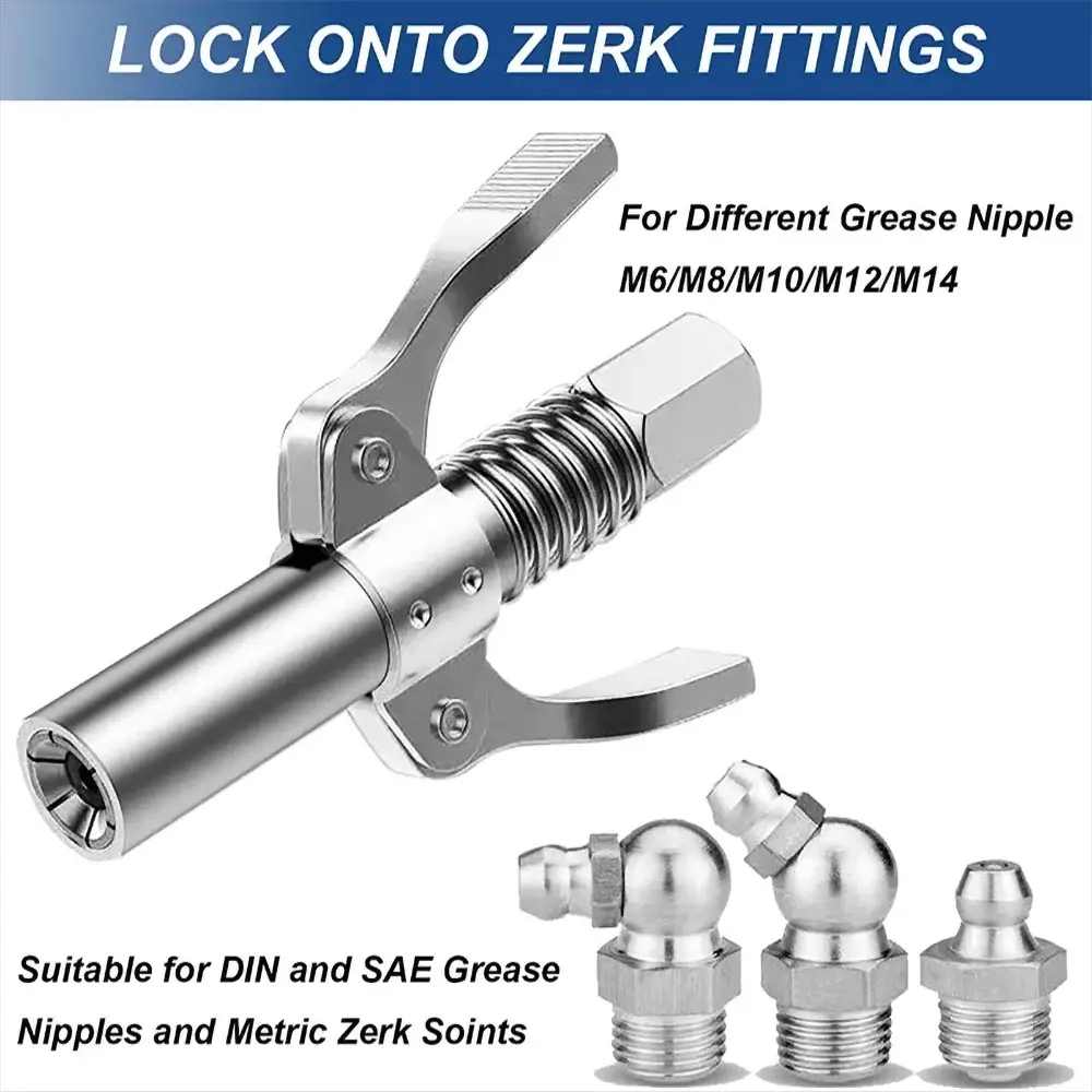 Grease gun coupler by Simples Market, silver finish with quick-release lever and four zerk fittings